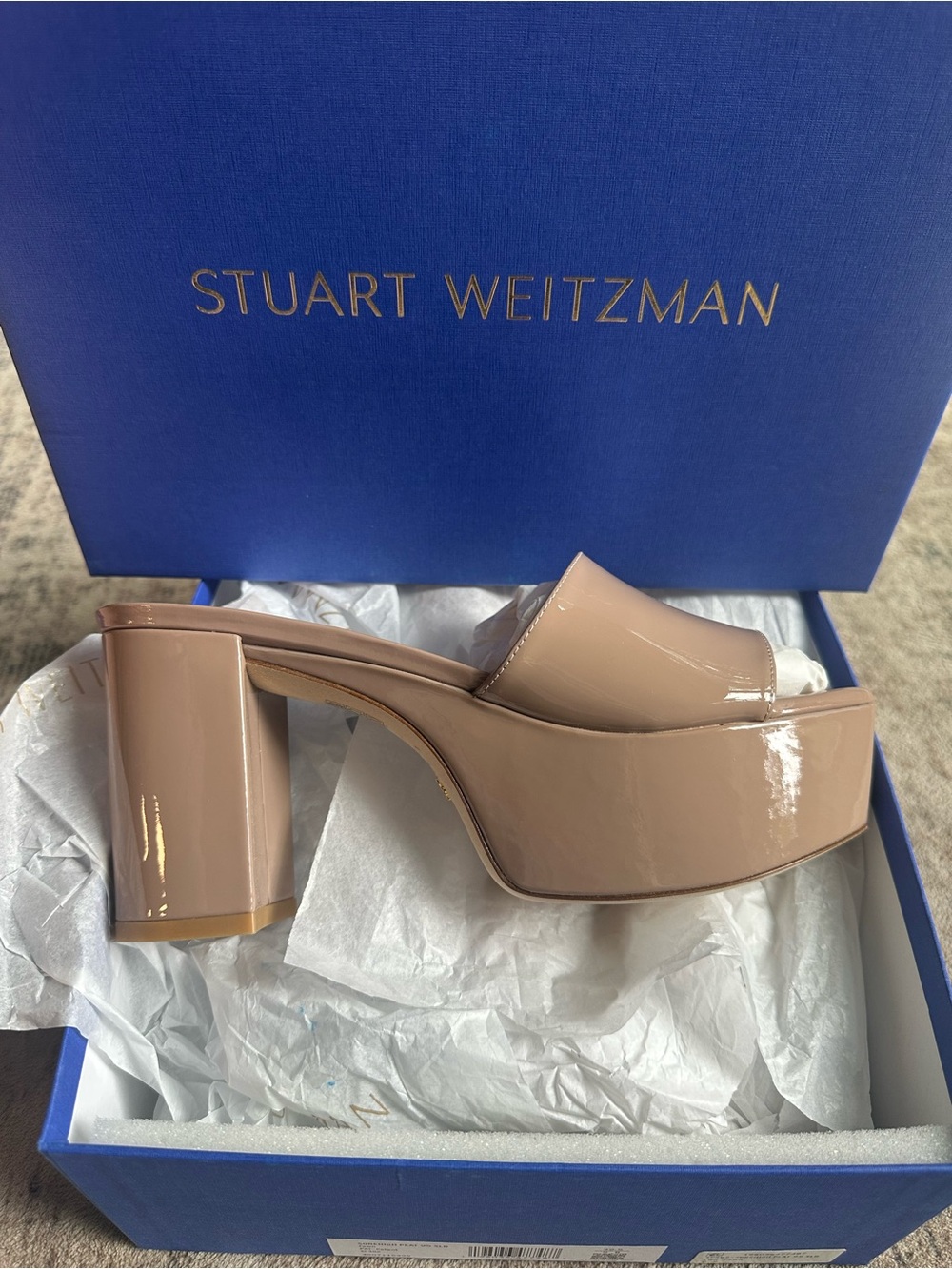 Stuart Weitzman Squarehigh Plat 95 Slide Sandals Fawn Patent Size 9B - Picture 4 of 7